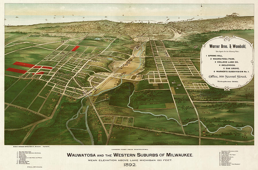 Map Painting - Wauwatosa and the western suburbs of Milwaukee 1892 by Richards Engraving