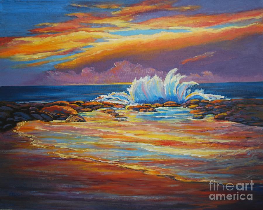 Wave at Sunset Painting by Celeste Drewien