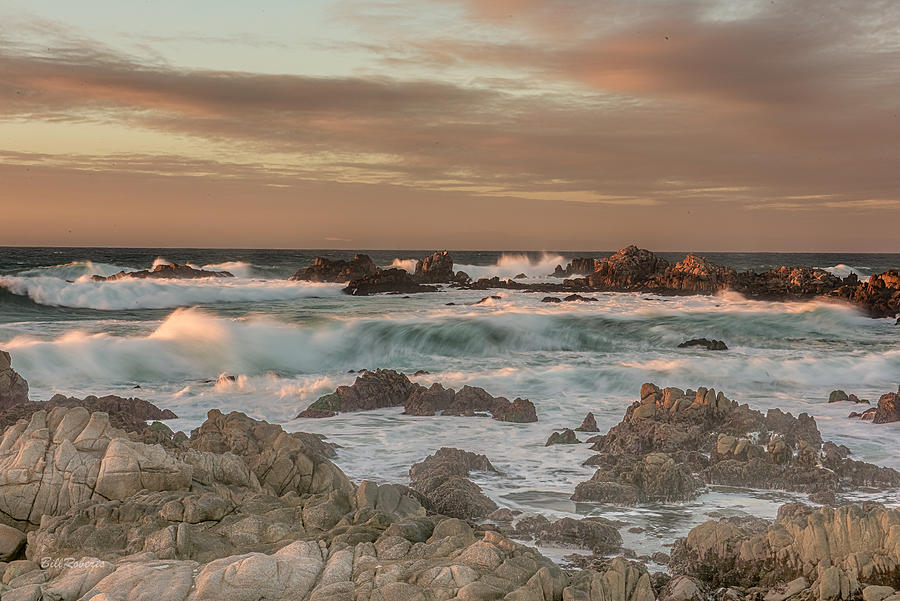 Sunset Photograph - Waves and Rocks by Bill Roberts