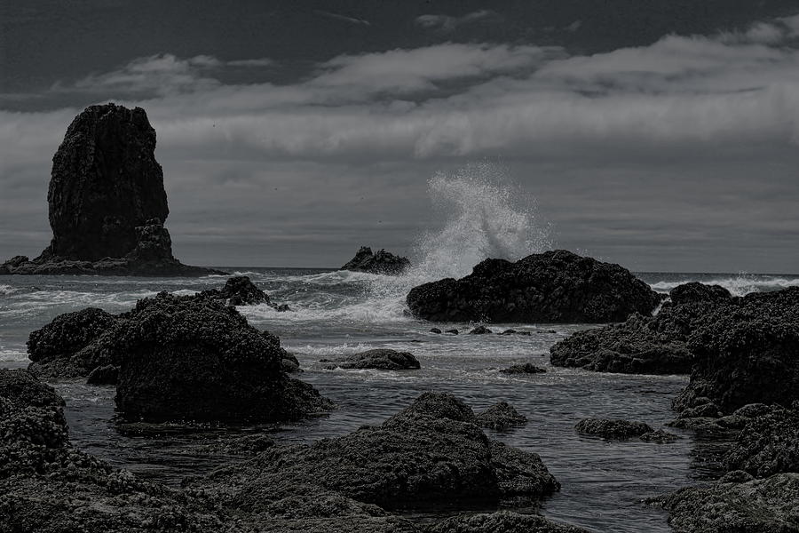 Waves at Haystack Rock BW Photograph by Dale Kauzlaric
