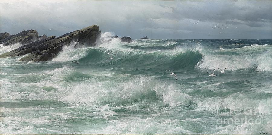Waves breaking on a rocky coast Painting by Celestial Images