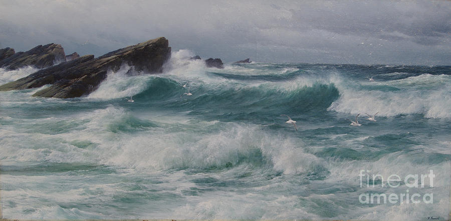 Waves breaking on a rocky coast Painting by MotionAge Designs