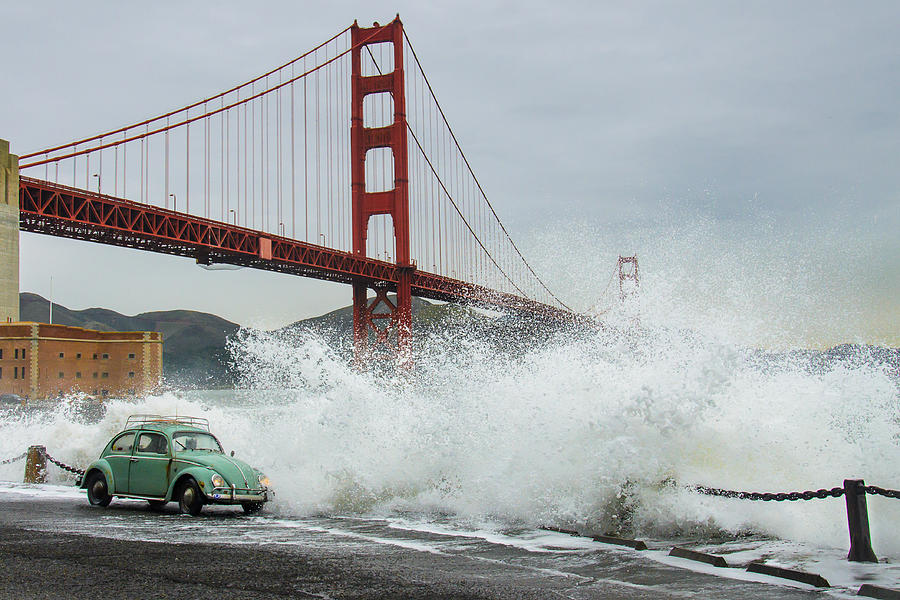 Waves Crash over a Vintage Beetle in Front of the Golden Gate Bridge San Francisco California Photograph by Richard Kimbrough