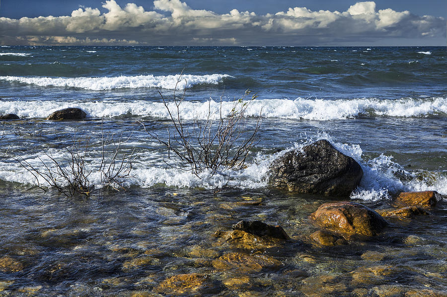 Waves crashing ashore at Northport Point on Lake Michigan Photograph by Randall Nyhof