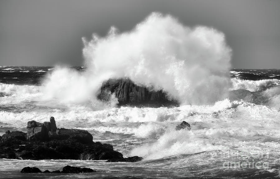 Waves Crashing Rock BW Pebble Beach  Photograph by Chuck Kuhn