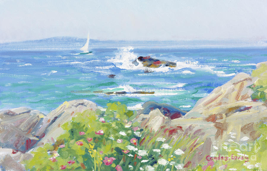 Waves, Rocks and Flowers Painting by Candace Lovely