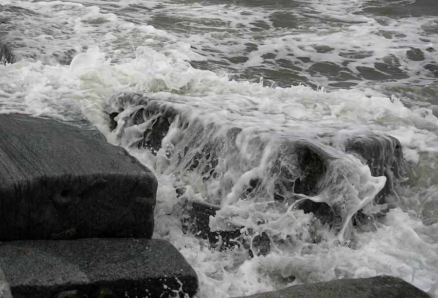 Waves Splashing Stones 2 Pyrography by Robert Morin