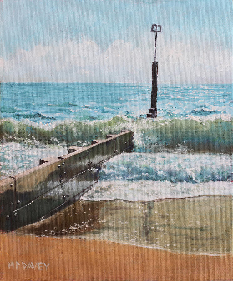 Waves with beach groin Painting by Martin Davey