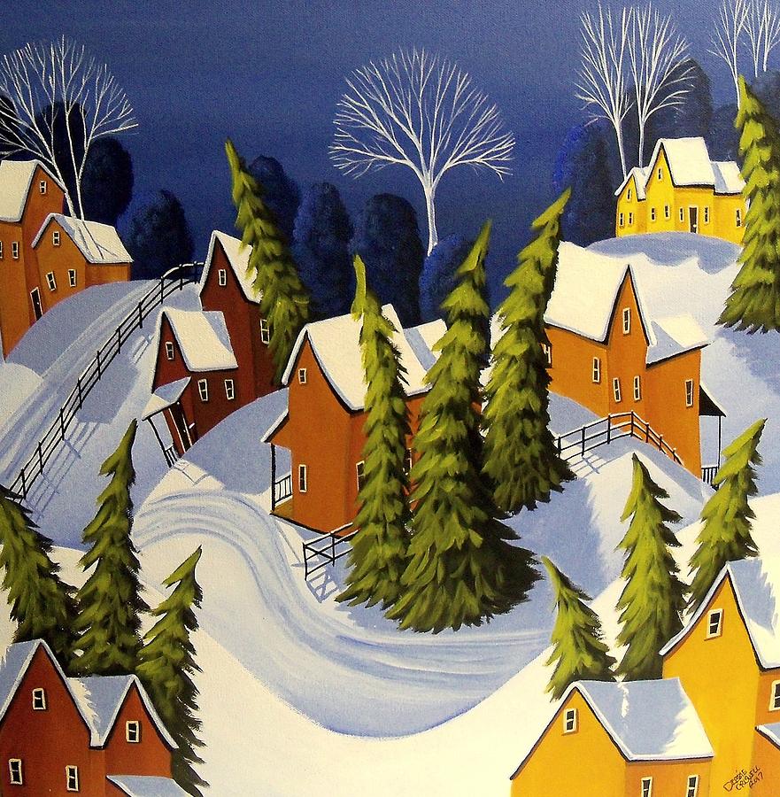 Wavy Pines - winter folk art landscape Painting by Debbie Criswell