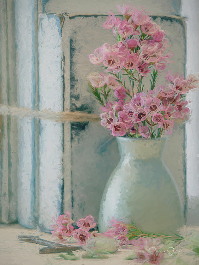 Waxflowers and Books Painted Mixed Media by Teresa Wilson