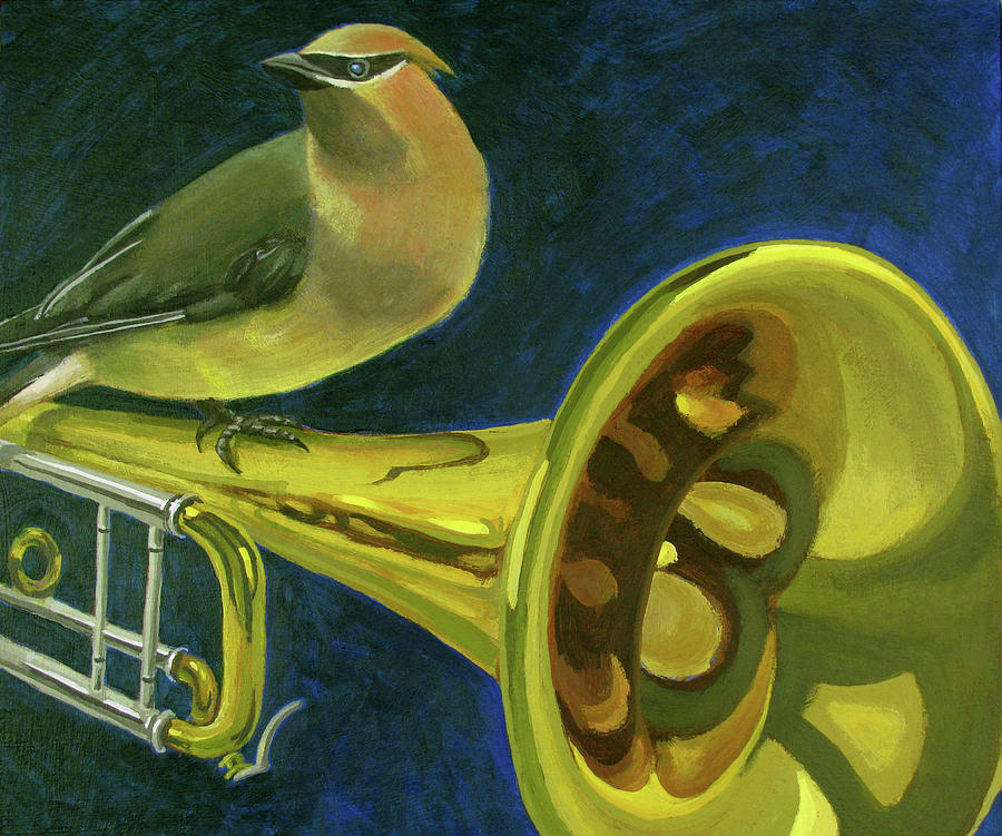 Waxwing on Trumpet Painting by Don Morgan