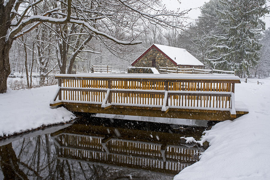 Wayside Inn Grist Mill Covered in Snow Bridge Reflection Photograph by Toby McGuire