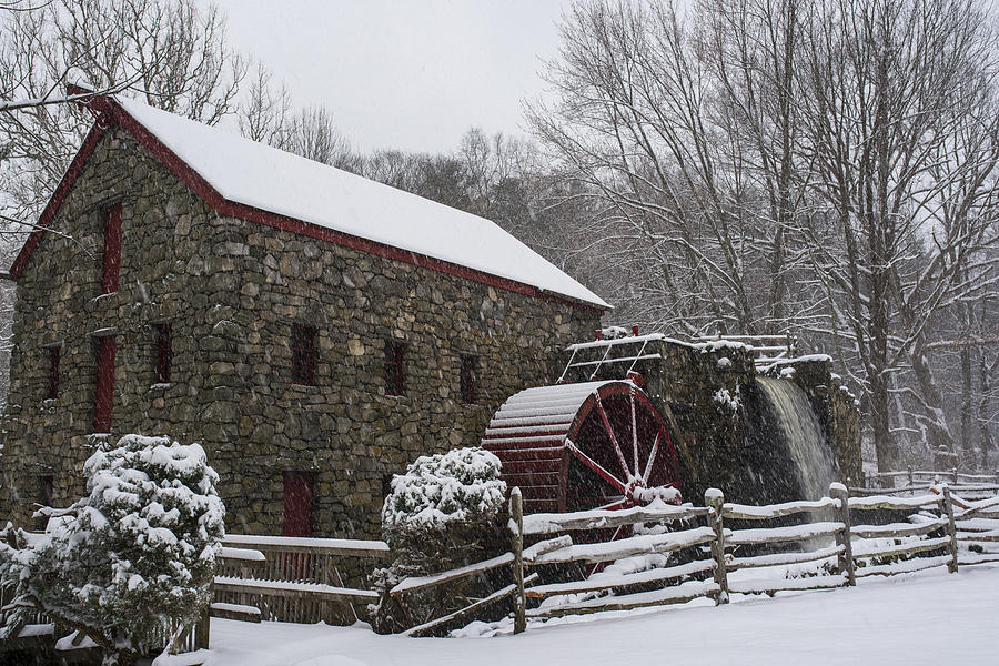 Wayside Inn Grist Mill Covered in Snow Fence Photograph by Toby McGuire
