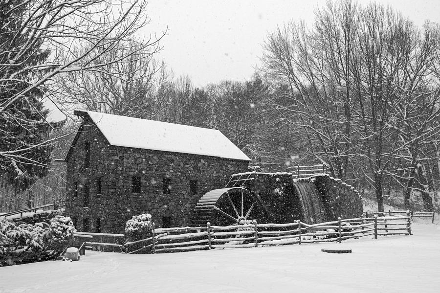 Wayside Inn Grist Mill Covered in Snow Storm Black and White Photograph by Toby McGuire