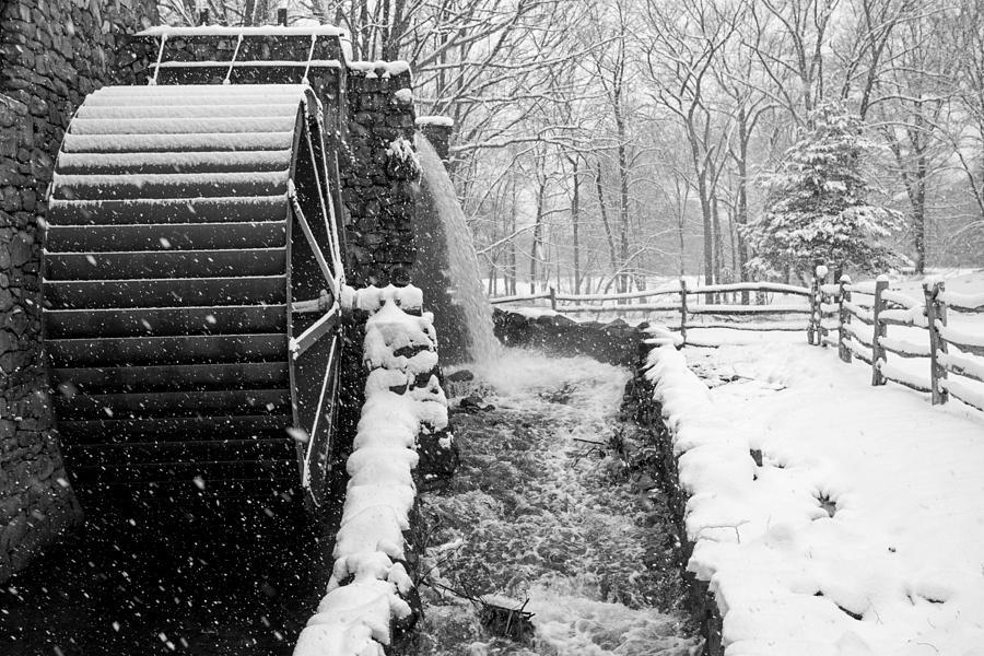 Wayside Inn Grist Mill Covered in Snow Storm Side View Black and White Photograph by Toby McGuire
