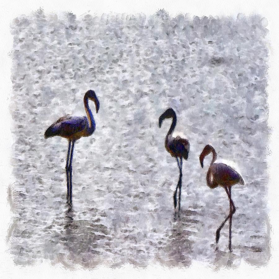 We Are The Three Flamingos Watercolor  Painting by Taiche Acrylic Art