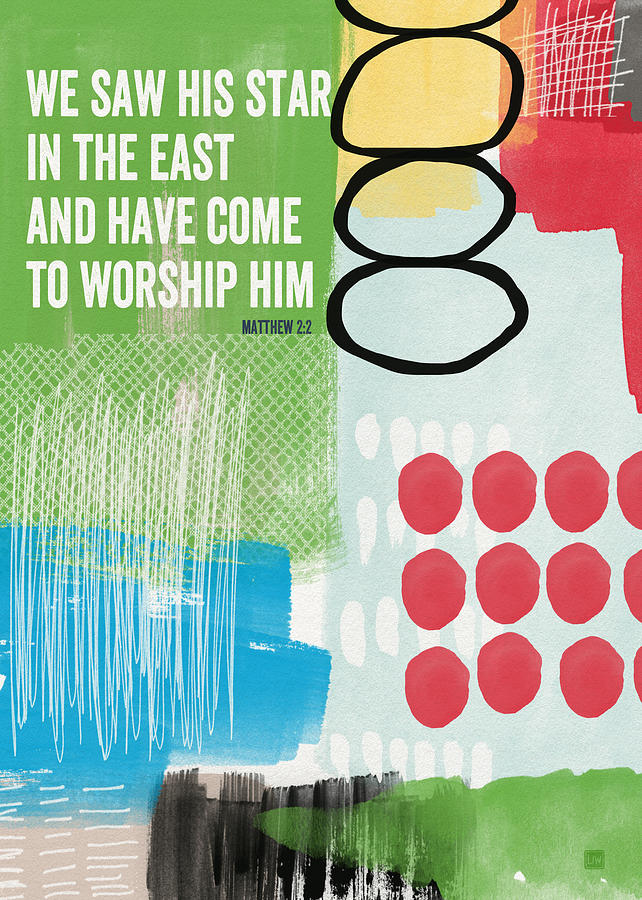 Christmas Painting - We Come To Worship- Contemporary Christmas Card by Linda Woods by Linda Woods