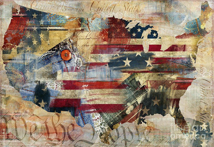 American Flag Painting - We The People Map America by Mindy Sommers