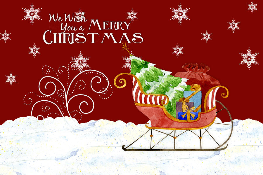 We Wish You a Merry Christmas - Santas Sleigh with Snowflakes Painting by Audrey Jeanne Roberts