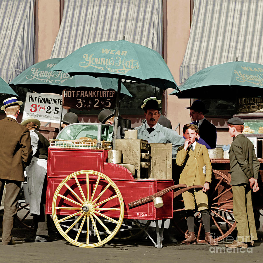 Vintage Photograph - Wear Youngs Hats At Frankfurter Hot Dog Stands 3 Cents Each 20170707 square colorized by Wingsdomain Art and Photography