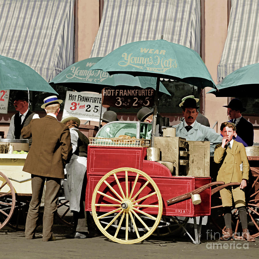 Vintage Photograph - Wear Youngs Hats At Frankfurter Hot Dog Stands 3 Cents Each 20170707 square v2 colorized by Wingsdomain Art and Photography