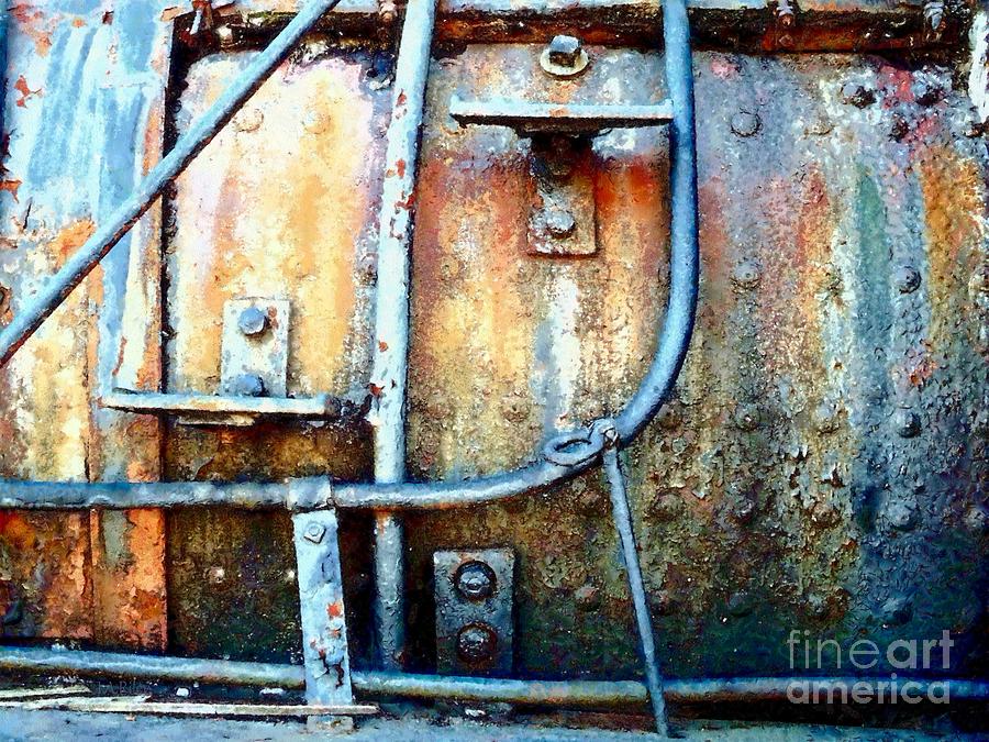 Train Photograph - Weathered Steel - Oxidized Blues by Janine Riley