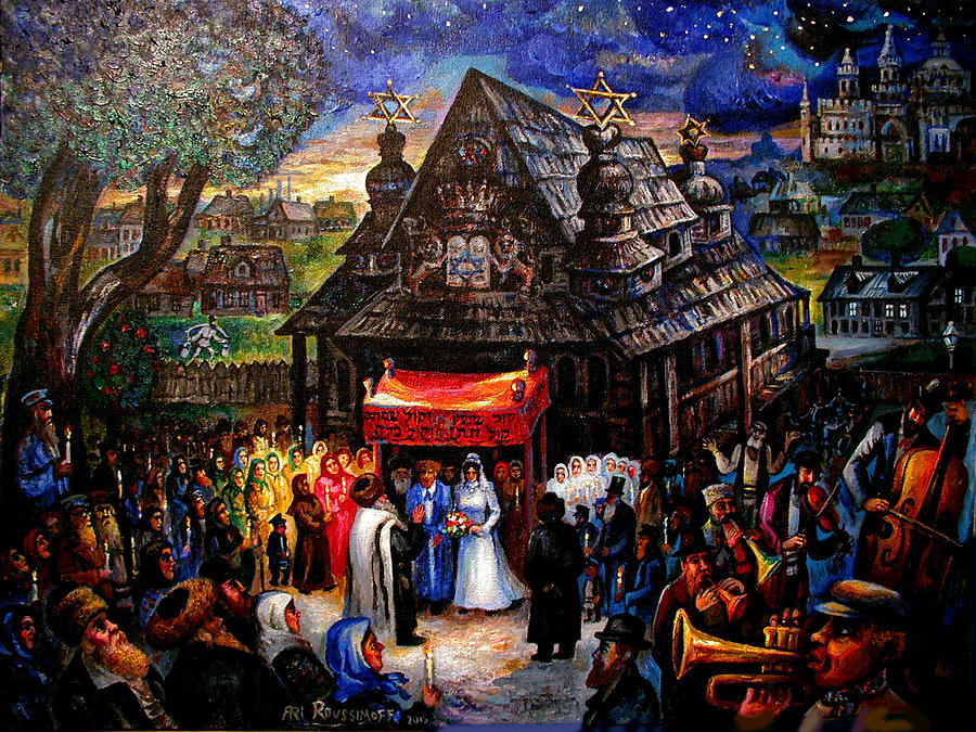 Jewish Shtetl Wedding At The Old Wood Synagogue Painting by Ari Roussimoff
