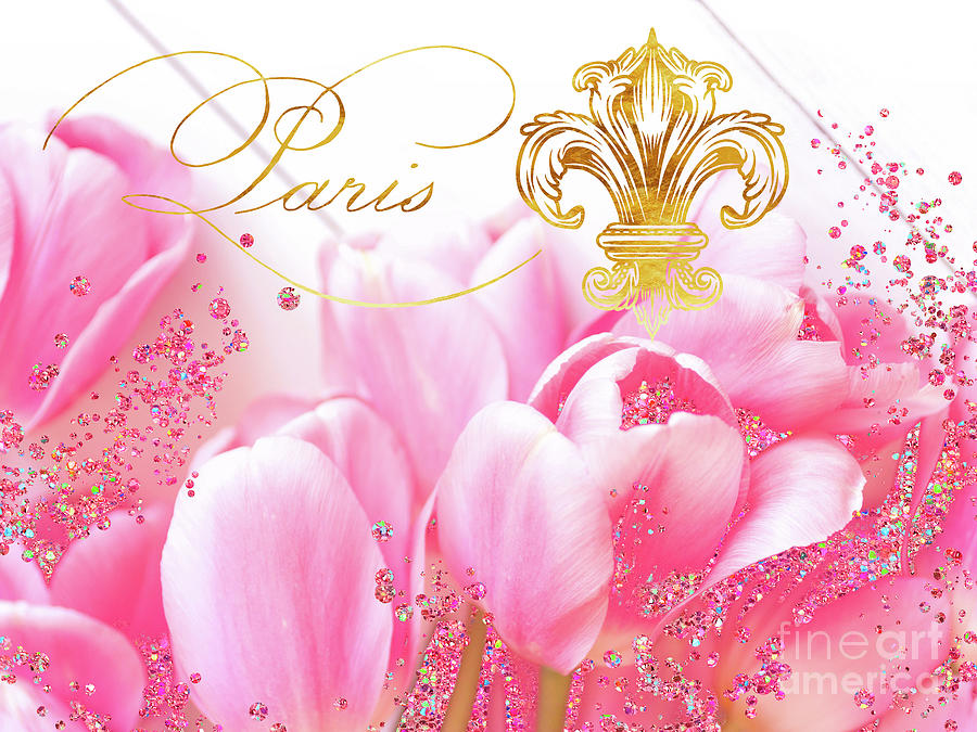 Wedding in Paris II pink tulips, golden elements Digital Art by Tina Lavoie