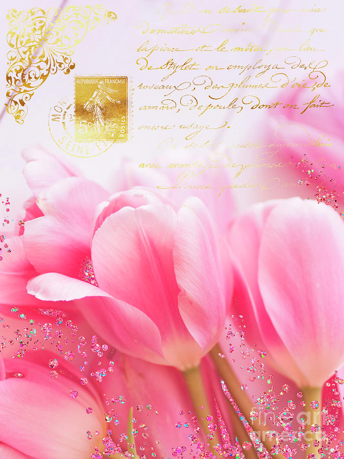 Wedding in Paris pink tulips, golden elements Painting by Tina Lavoie