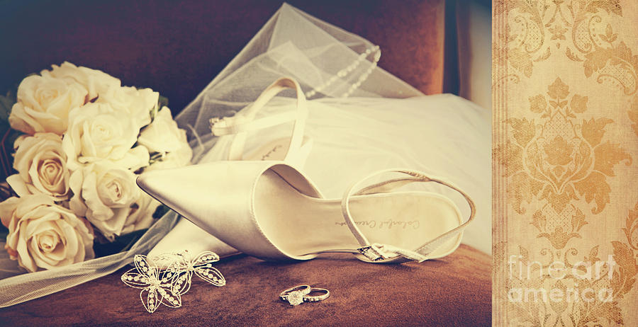 Wedding shoes with veil on velvet chair Photograph by Sandra Cunningham