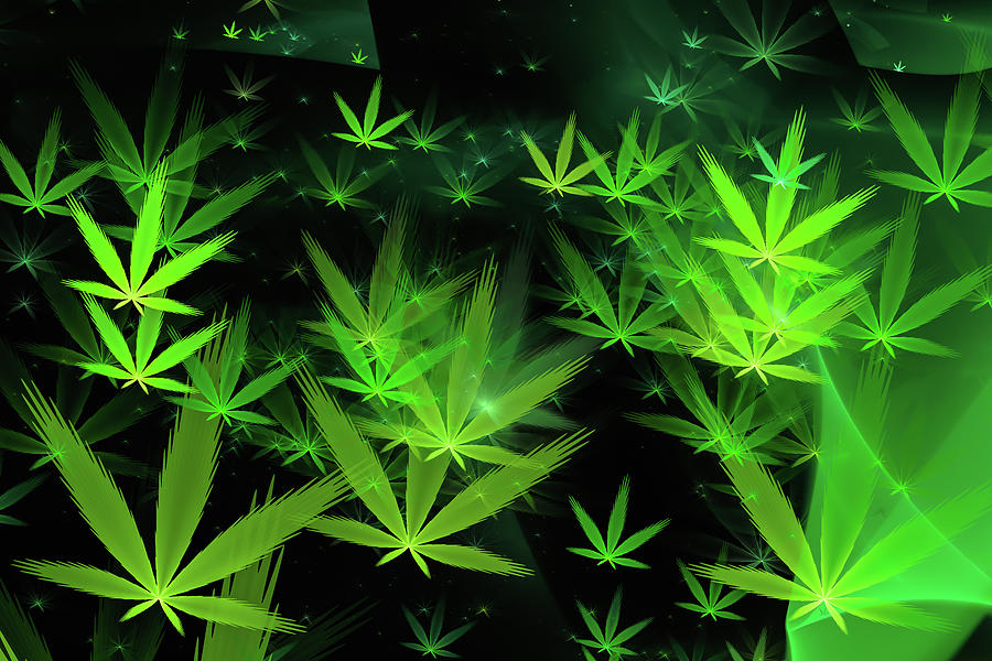 Weed art - green Cannabis symbols flying around Digital Art by Matthias Hauser