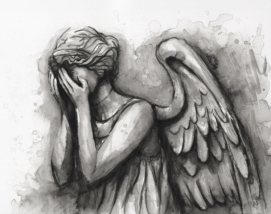 Science Fiction Painting - Weeping Angel Watercolor by Olga Shvartsur