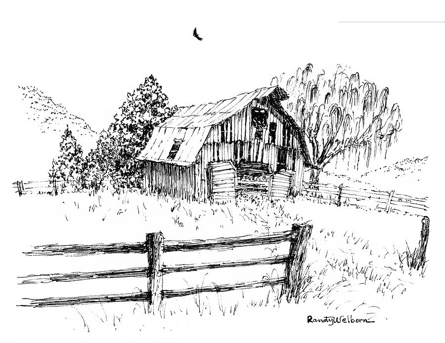 Weeping Willow and Barn One Drawing by Randy Welborn