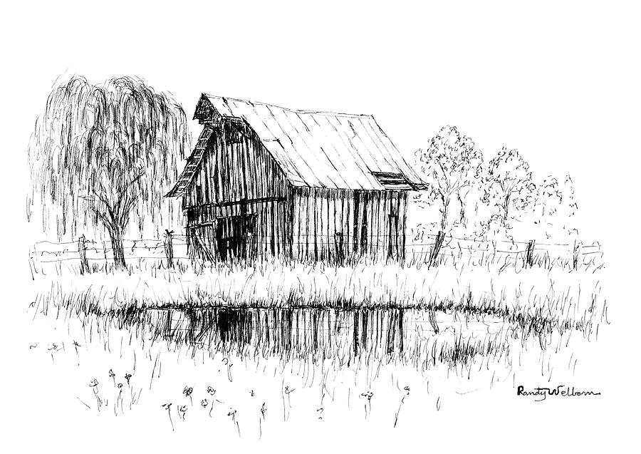 Weeping Willow Drawing - Weeping Willow and Barn Two by Randy Welborn