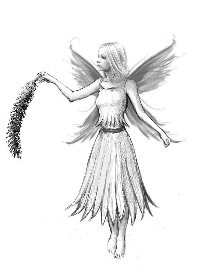 Weeping Willow Fairy with Catkin B And W Digital Art by Yuichi Tanabe
