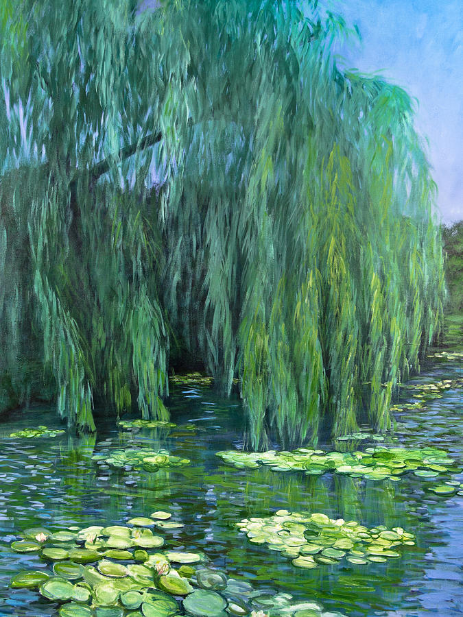 Landscape Painting - Weeping Willow tree and Water Lilies by Lynne Albright