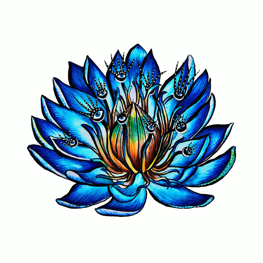 Weird Multi Eyed Blue Water Lily Flower Drawing by Boriana Giormova