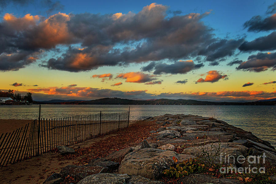 Sunset Photograph - Weirs Beach Jetty at Dusk by Mim White