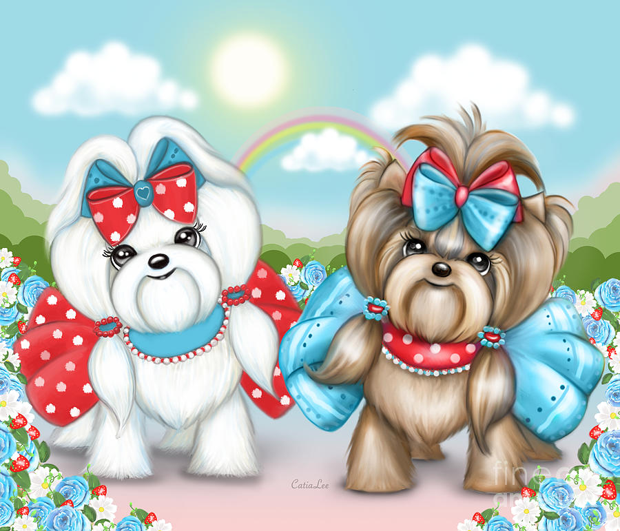 Dog Painting - Welcome Spring Maltese and Yorkie by Catia Lee