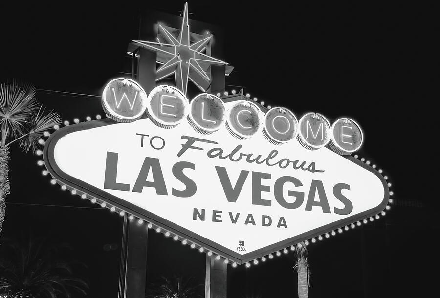 Welcome to Las Vegas Neon Sign - Nevada USA - Black and White Photograph by Gregory Ballos