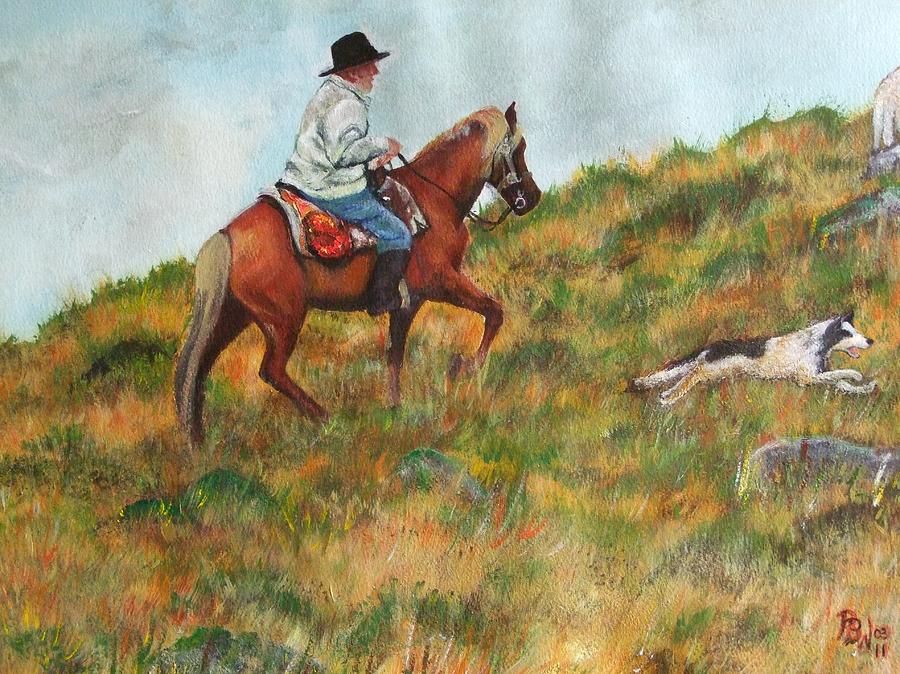 Sheep Painting - Welsh sheep farmer mounted - PPWL-001 by Pat Bullen-Whatling