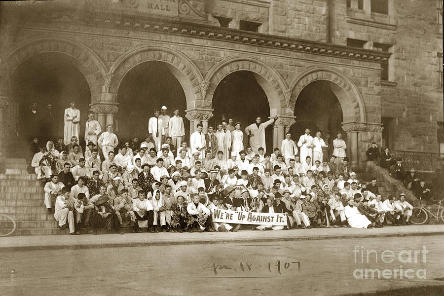 1907 Photograph - Were up against it,students on steeps of Encina hall at Stanford University April 18,1907 by Monterey County Historical Society