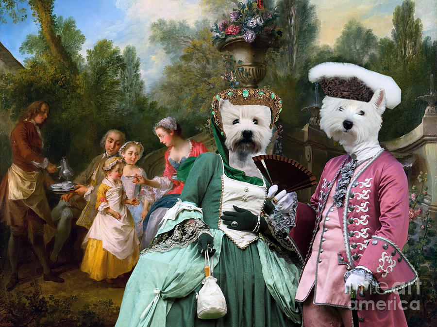 West Highland White Terrier Art - Ladies and Gentlemans with two Girls and a Servant Painting by Sandra Sij