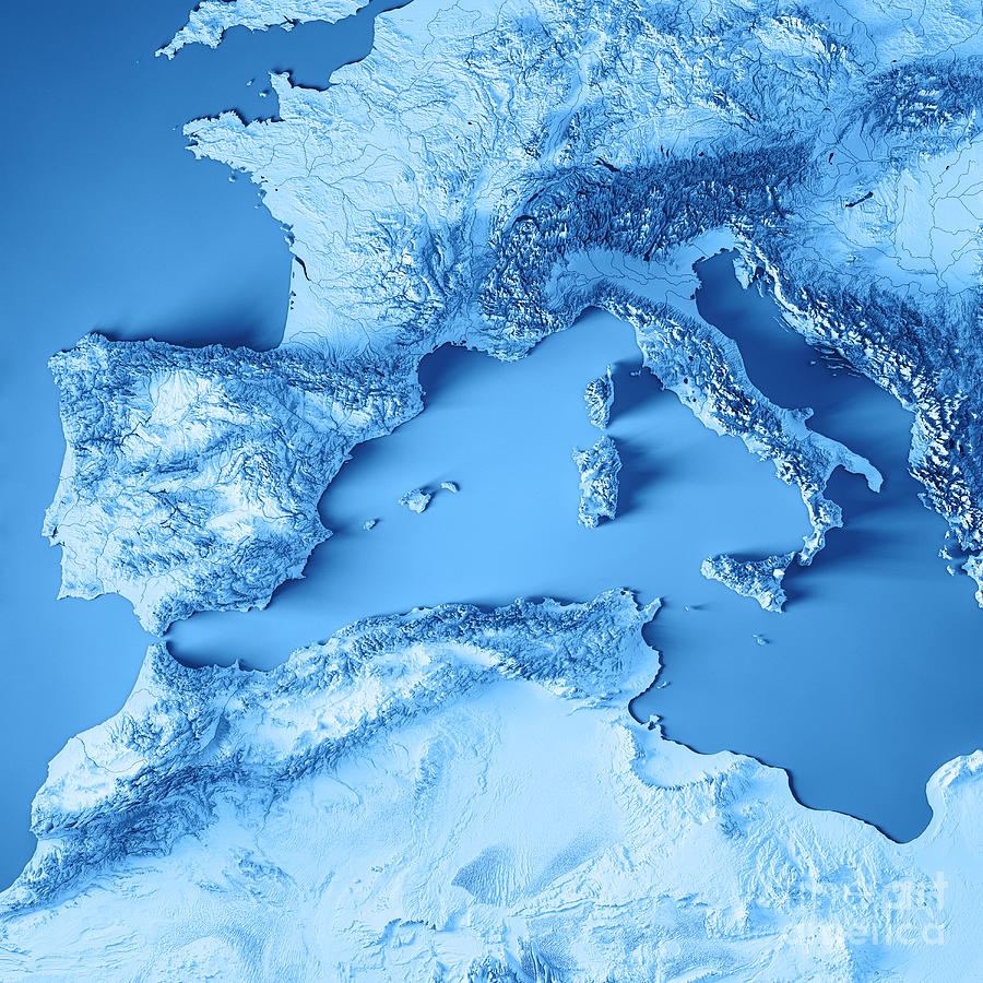 West Mediterranean Sea 3d Render Topographic Map Blue Digital Art By Frank Ramspott Pixels Merch 2359