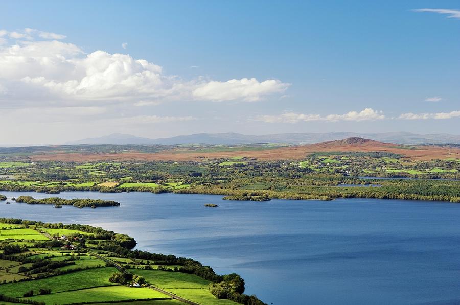 West over Lower Lough Erne from the Cliffs of Magho toward Donegal Bay ...