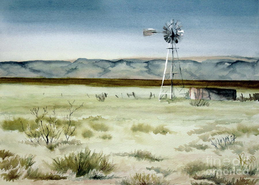 West Texas Windmill Painting by Karen Boudreaux