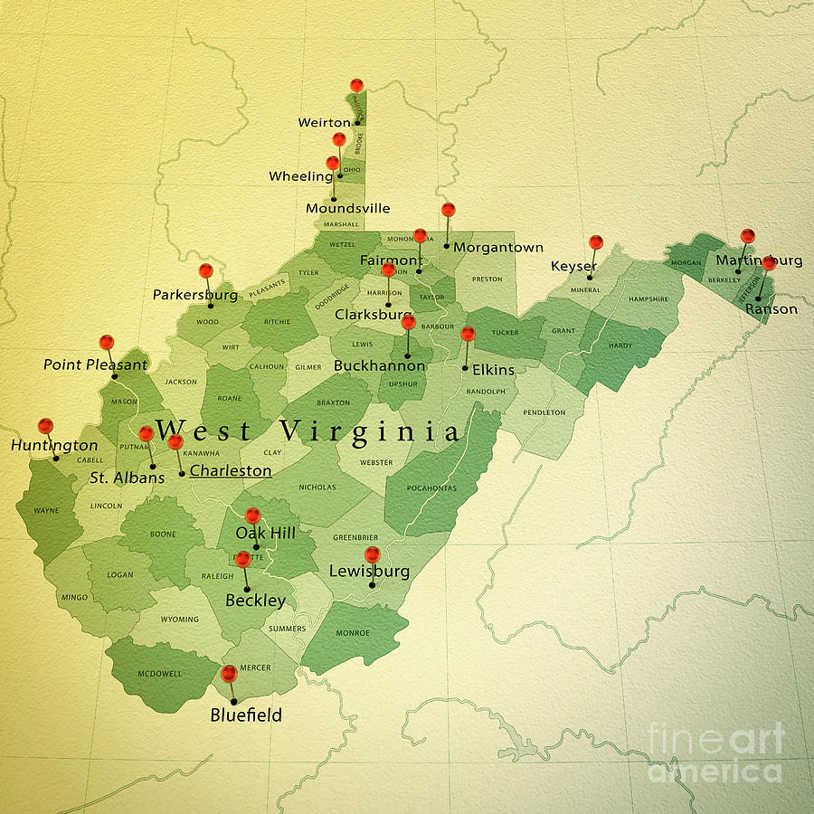 West Virginia Map Square Cities Straight Pin Vintage Digital Art by Frank Ramspott