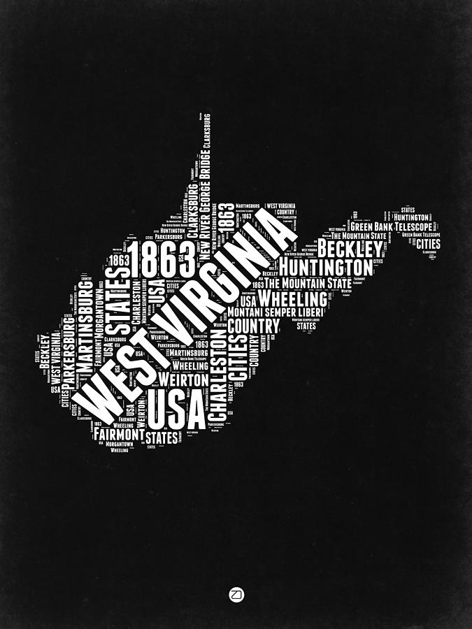 Independence Day Digital Art - West Virginia Word Cloud Black and White Map by Naxart Studio