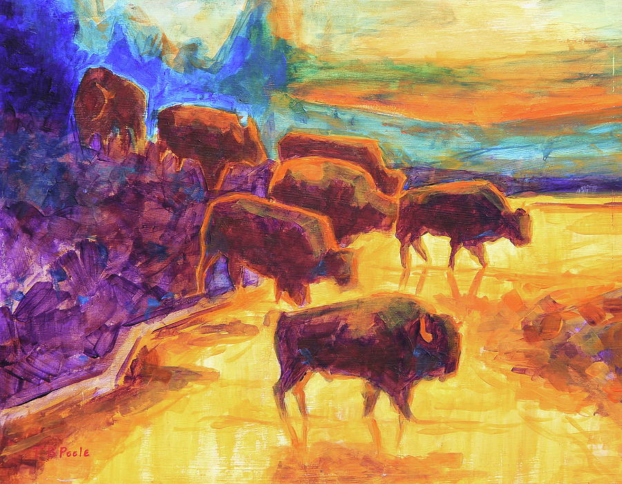 Western Buffalo Art Bison Creek Sunset Reflections painting T Bertram Poole Painting by Thomas Bertram POOLE