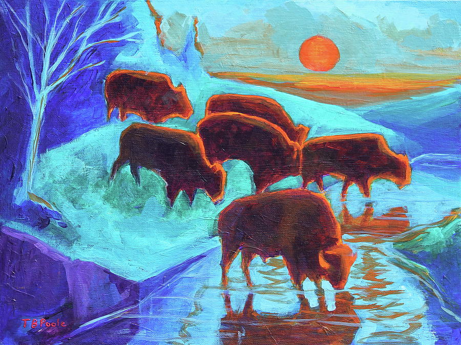 Western Buffalo Art Six Bison at Sunset Turquoise painting Bertram Poole xi Painting by Thomas Bertram POOLE
